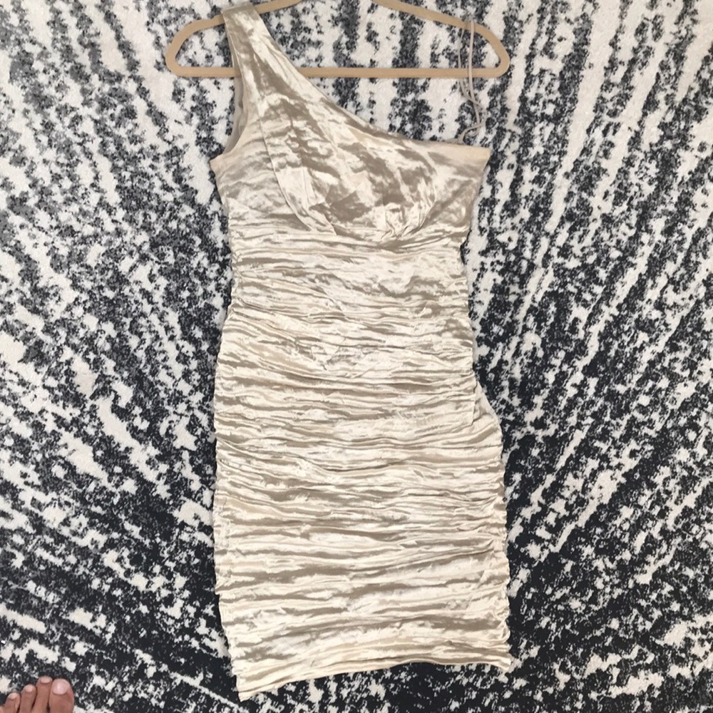 One shoulder gold Nicole Miller dress